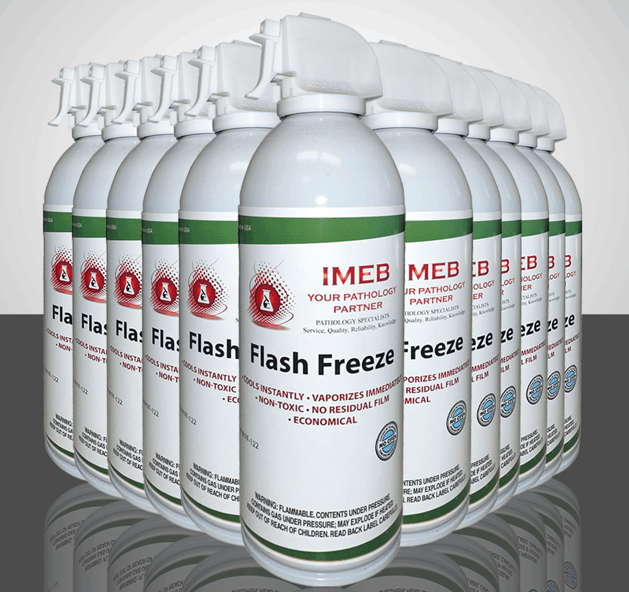 Twelve 10 ounce cans of flash freeze by IMEB Inc