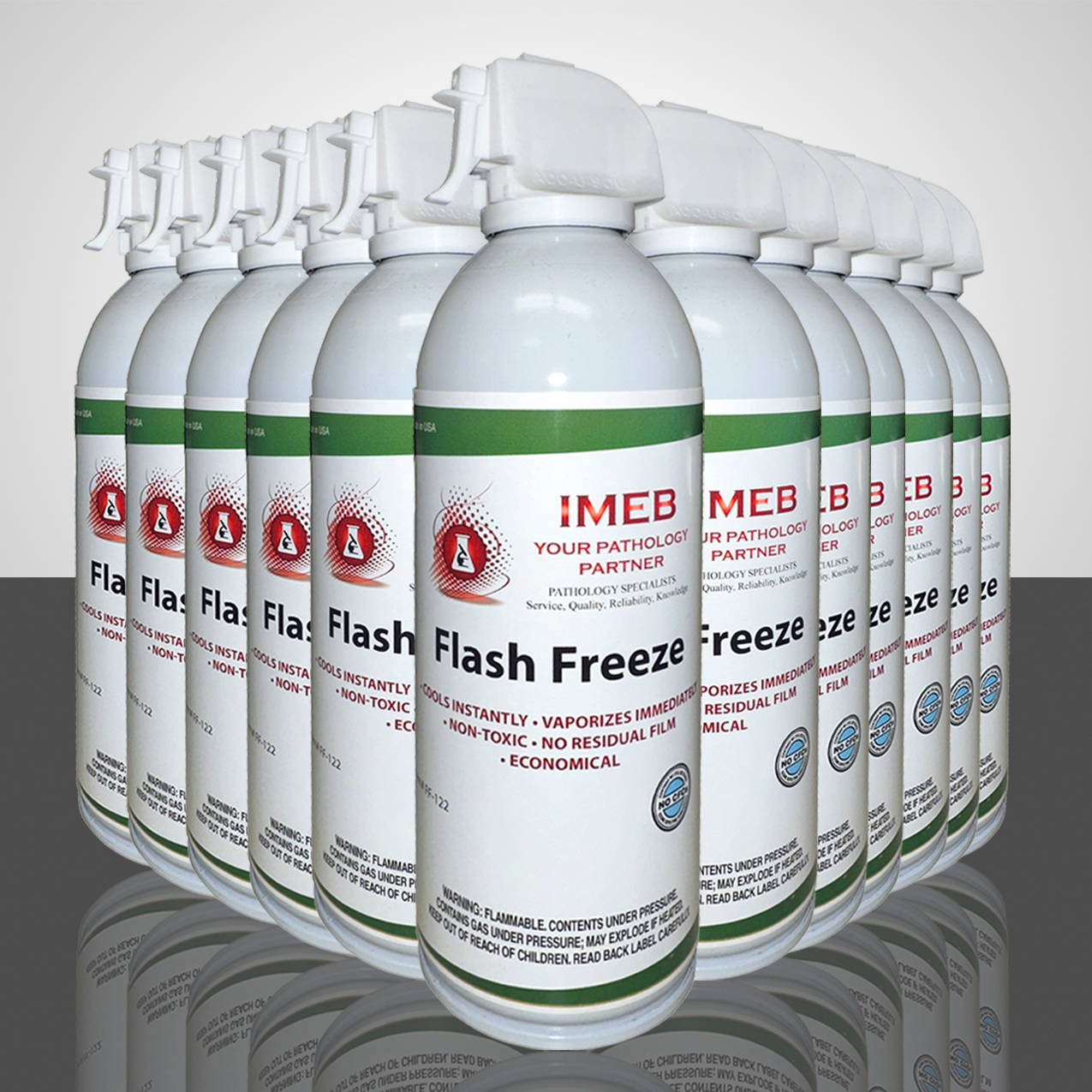 Twelve 10 ounce cans of flash freeze by IMEB Inc